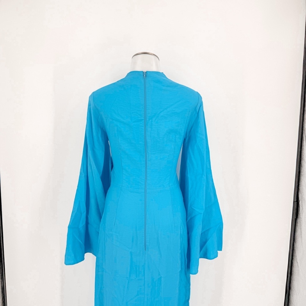 ASOS DESIGN high neck maxi dress with wrap waist and fluted sleeve in turquoise - Picture 10 of 12